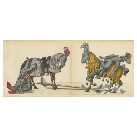 19th-Century Hand-Coloured Lithograph of Fallen Knights and Horses Post-Joust