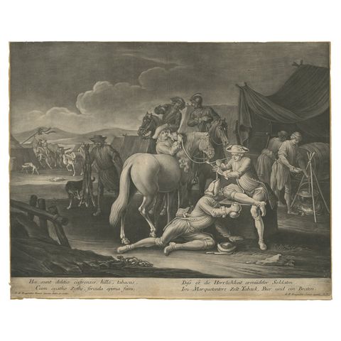 Mezzotint of Soldiers Near the Sutler's Tent for Tobacco, Beer and Meat, Ca.1750