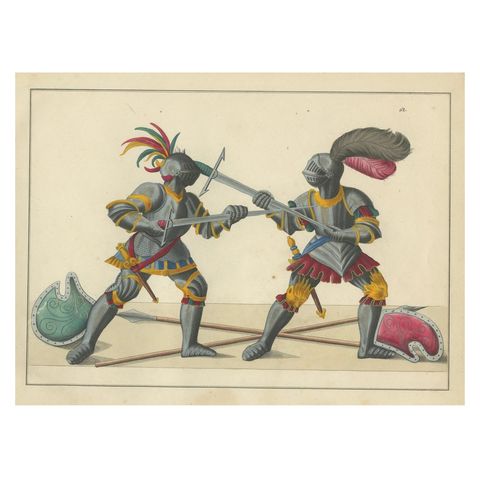 19th-Century Hand-Coloured Lithograph of Armoured Knights in Battle Scene