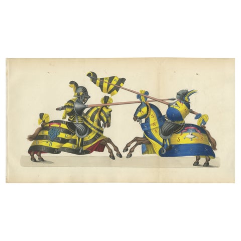 Hand-Coloured Knightly Joust Print: Vibrant Heraldic Horses and Armor, 1842