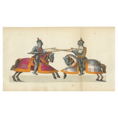 19th-Century Hand-Coloured Knightly Joust: Ornate Armor & Horses in Action