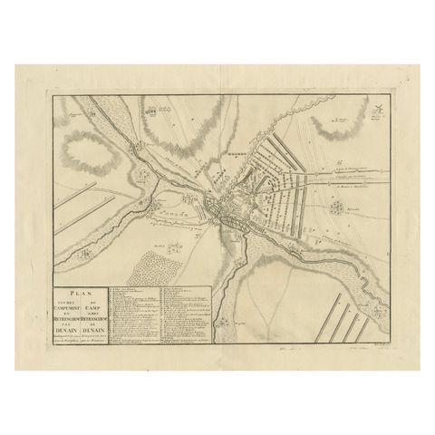Detailed 1729 Battle Map, Allied Army Camp at Denain France, 1712 Siege