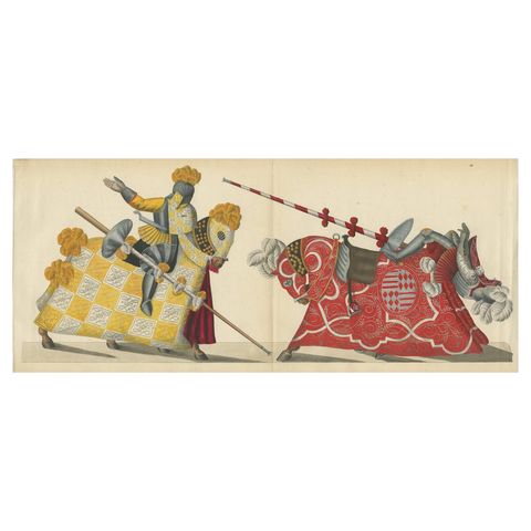 19th-Century Hand-Coloured Litho: Ornate Jousting Knights with Striking Heraldry